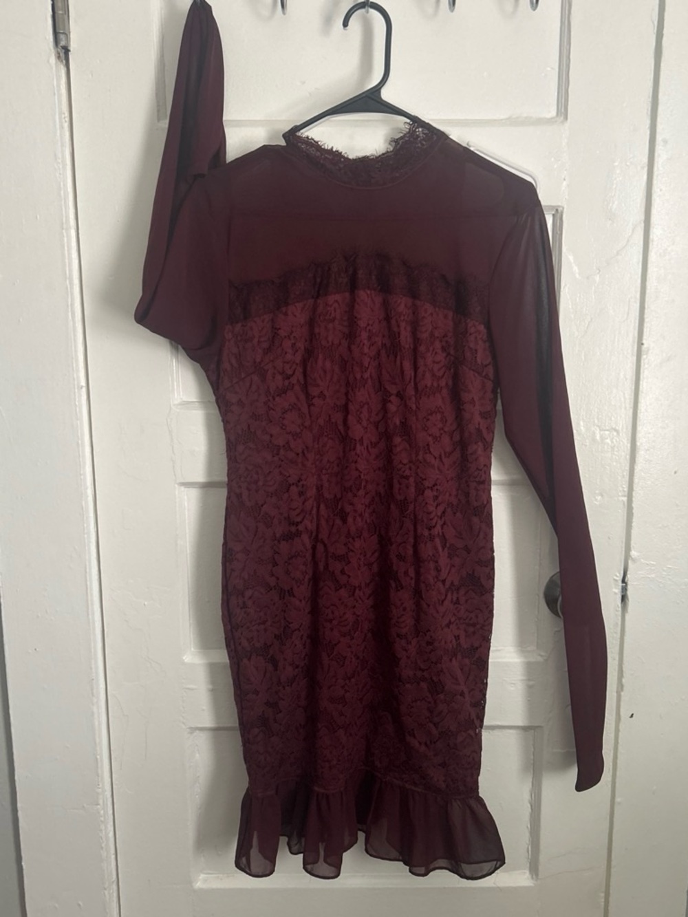 PrettyLittleThing Burgundy One-Shoulder Lace & Mesh Dress